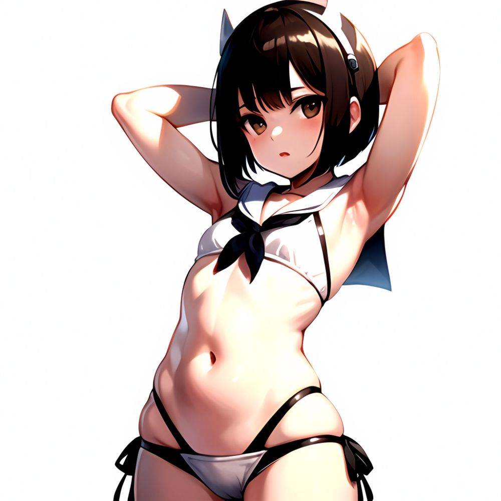 1girl Arms Up Arms Behind Head Bikini Bob Cut Brown Eyes Brown Hair Cosplay Cowboy Shot Flat Chest Headgear Inverted, 190350496 - AIHentai - #main