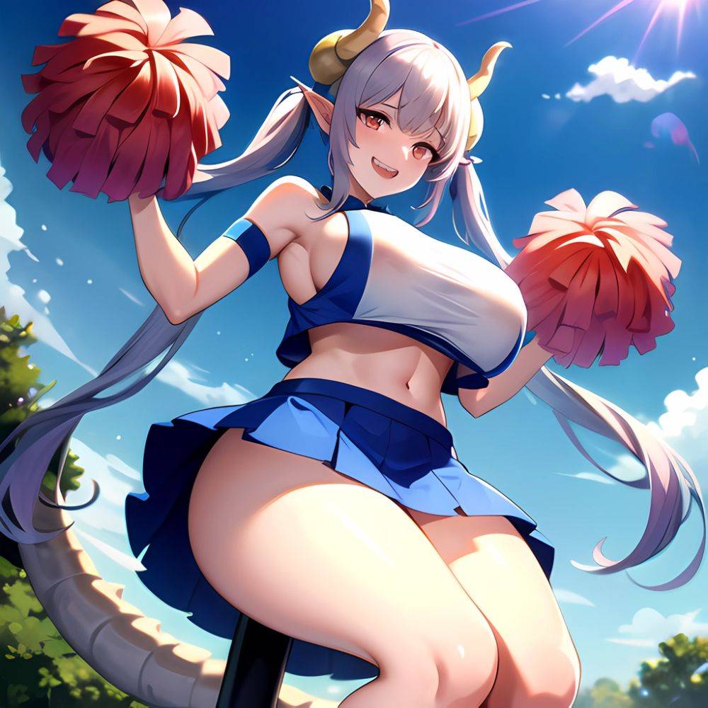 1girl Absurdres Blue Skirt Bluefrok Breasts Cheerleader Dragon Girl Dragon Horns Highres Holding Holding Pom Poms Horns Huge Bre, 3581237483 - AIHentai - #main