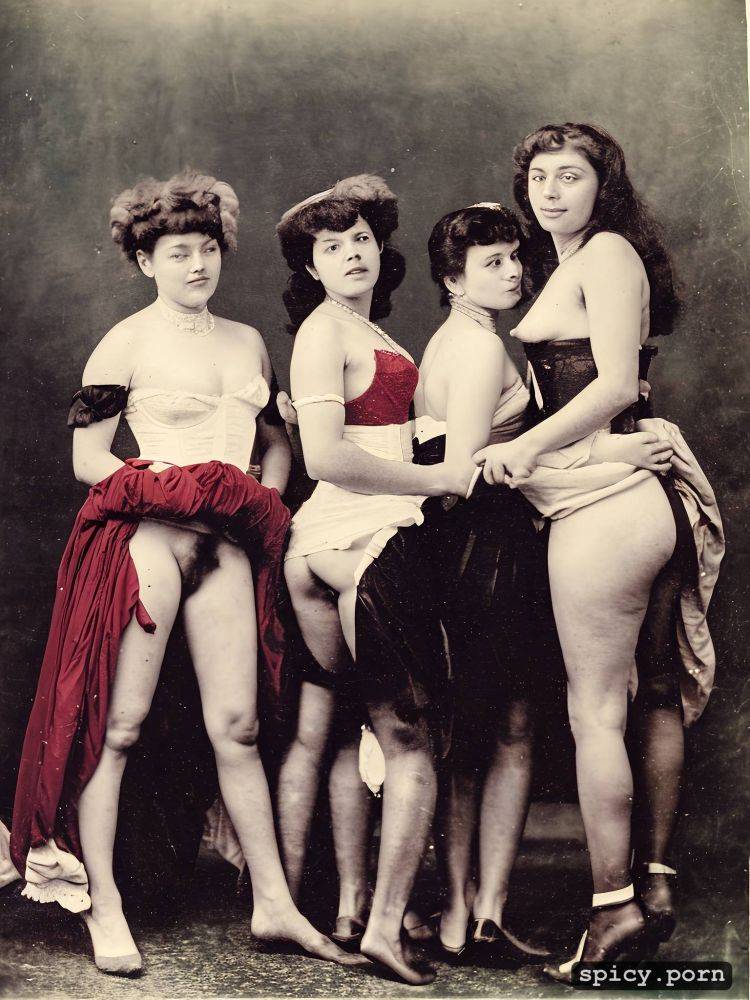 19th century photography, two young ladies fully dressed lifting their skirts and putting dildos in their hairy pussies - #main