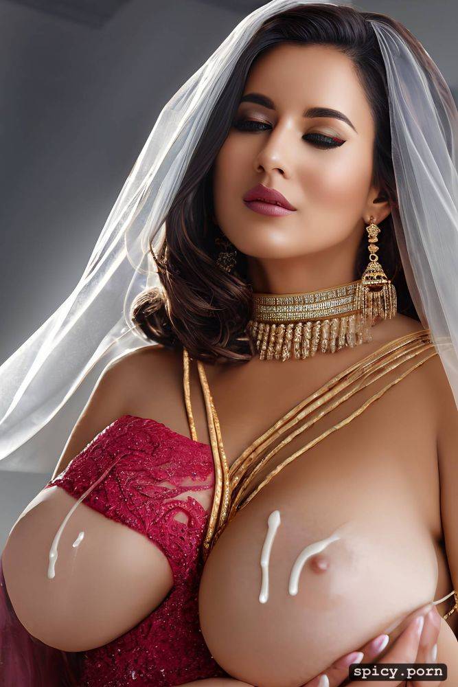 highres, big f cup boobs, ultra detailed, busty natural indian 20 years old wearing wedding dress with cum on face and boobs - #main