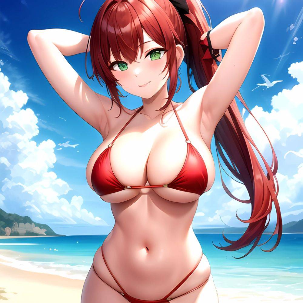 1girl Armpits Arms Behind Head Arms Up Artist Name Bikini Breasts Closed Mouth Collarbone Covered Nipples Day Green Eyes Highleg, 4060399564 - AIHentai - #main