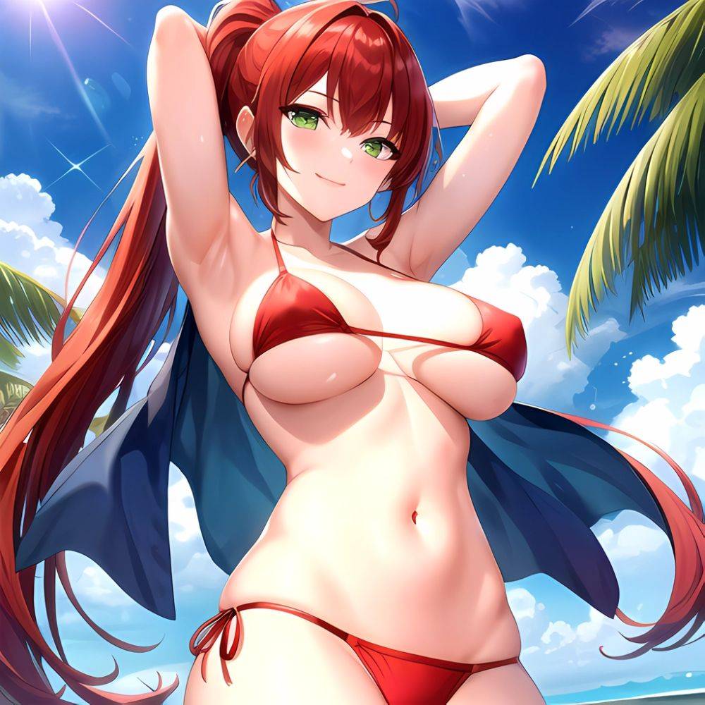 1girl Armpits Arms Behind Head Arms Up Bikini Breasts Closed Mouth Collarbone Covered Nipples Day Green Eyes Highres Jung Freud, 311069857 - AIHentai - #main