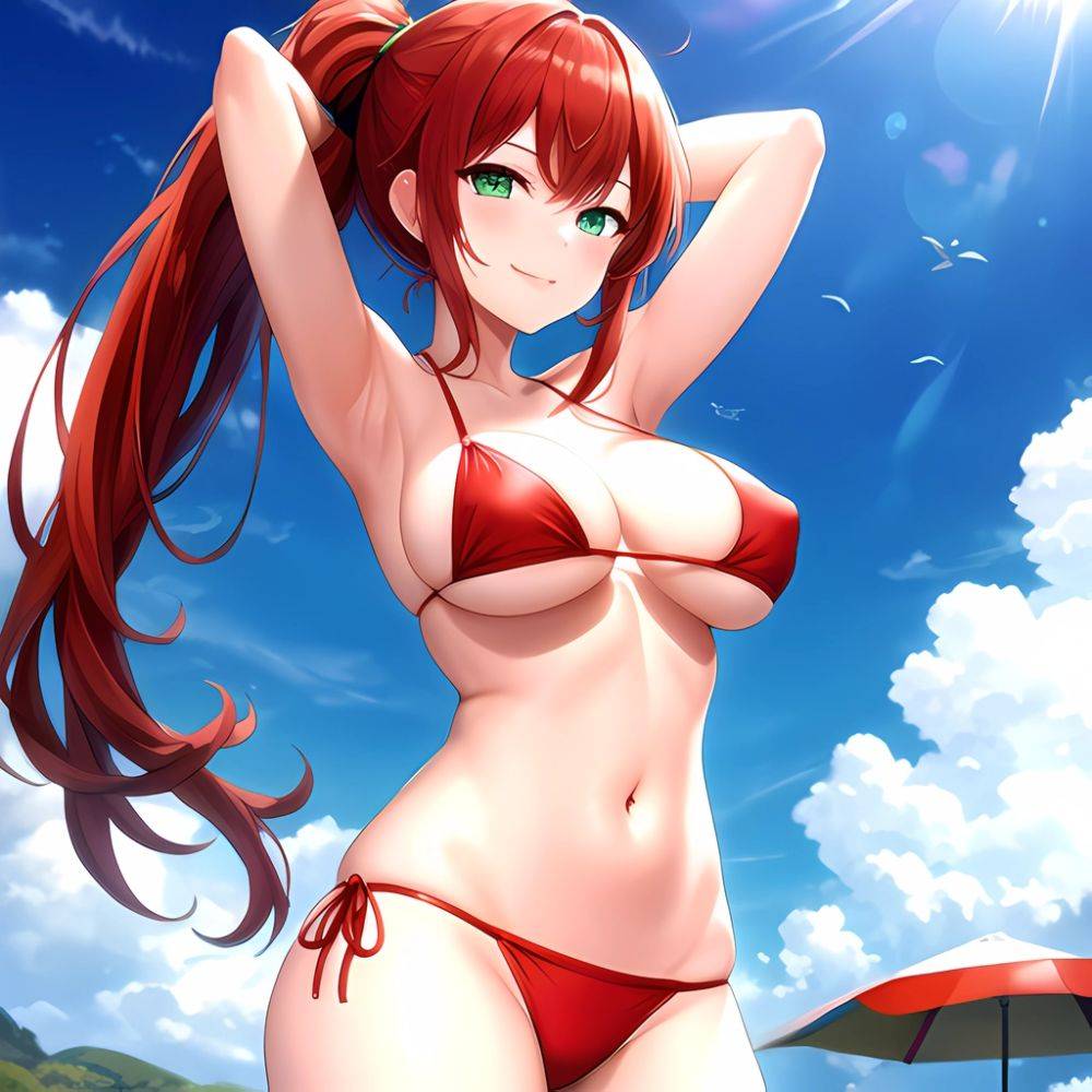 1girl Armpits Arms Behind Head Arms Up Bikini Breasts Closed Mouth Collarbone Covered Nipples Day Green Eyes Highres Jung Freud, 48626705 - AIHentai - #main