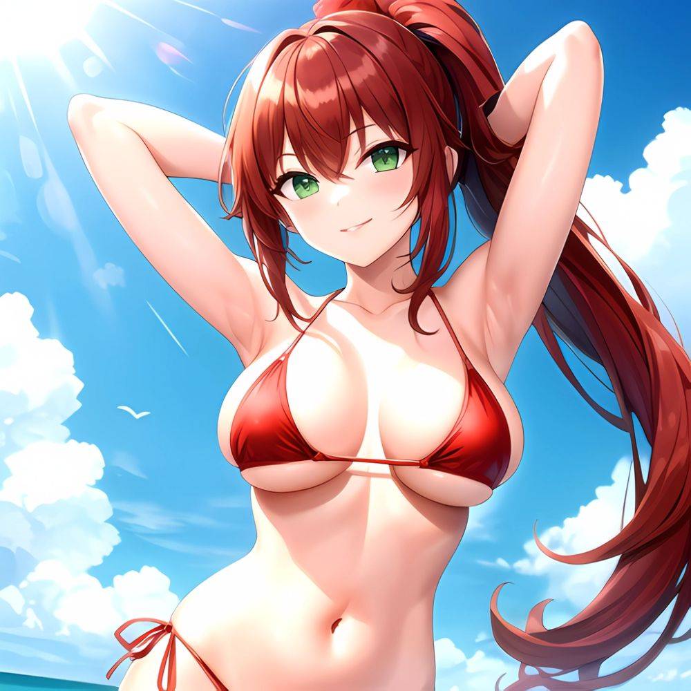 1girl Armpits Arms Behind Head Arms Up Bikini Breasts Closed Mouth Collarbone Covered Nipples Day Green Eyes Highres Jung Freud, 3873625334 - AIHentai - #main