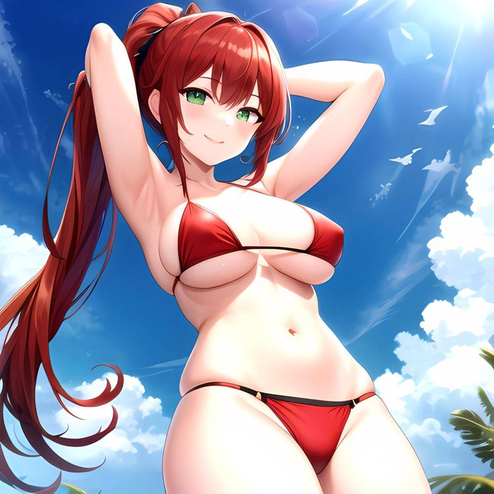 1girl Armpits Arms Behind Head Arms Up Bikini Breasts Closed Mouth Collarbone Covered Nipples Day Green Eyes Highres Jung Freud, 753895 - AIHentai - #main