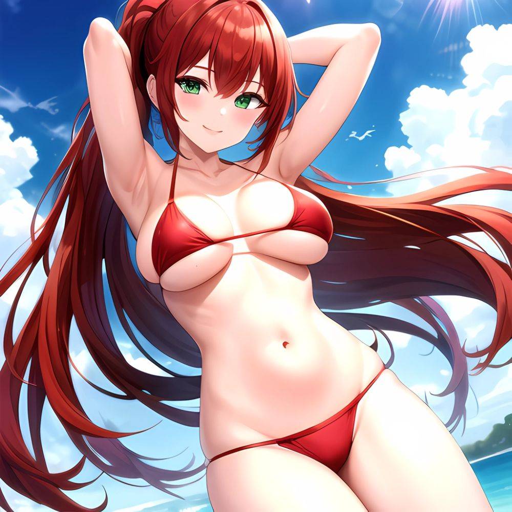 1girl Armpits Arms Behind Head Arms Up Bikini Breasts Closed Mouth Collarbone Covered Nipples Day Green Eyes Highres Jung Freud, 1792630197 - AIHentai - #main