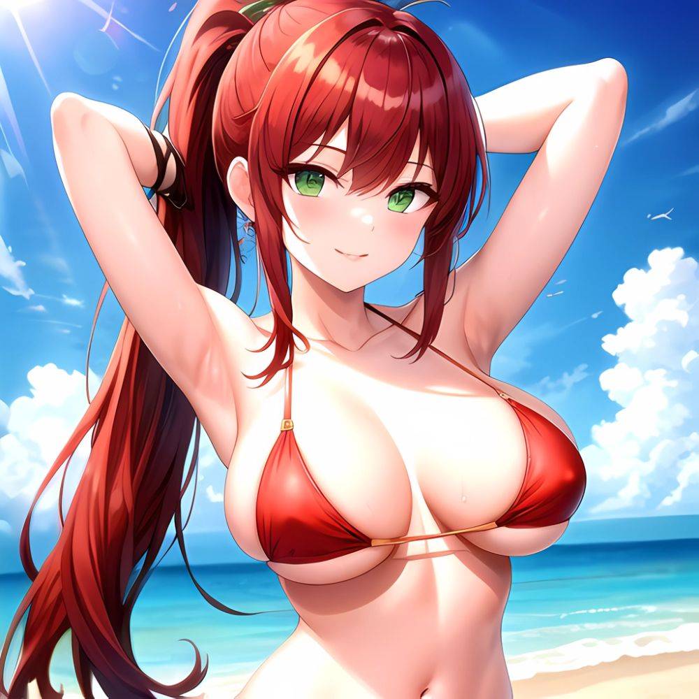 1girl Armpits Arms Behind Head Bikini Breasts Closed Mouth Collarbone Covered Nipples Day Green Eyes Highres Jung Freud Large Br, 2237781753 - AIHentai - #main