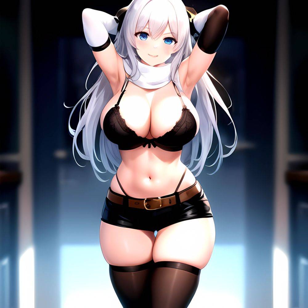 1girl Armpits Arms Behind Head Belt Black Bra Black Gloves Black Pantyhose Blue Eyes Blurry Blurry Background Bra Breasts Curvy, 1530313951 - AIHentai - #main