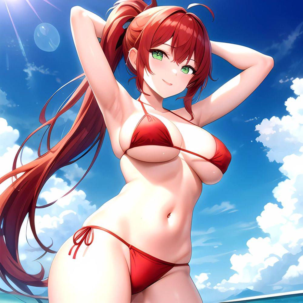 1girl Armpits Arms Behind Head Arms Up Bikini Breasts Closed Mouth Collarbone Covered Nipples Day Green Eyes Highres Jung Freud, 2788443132 - AIHentai - #main