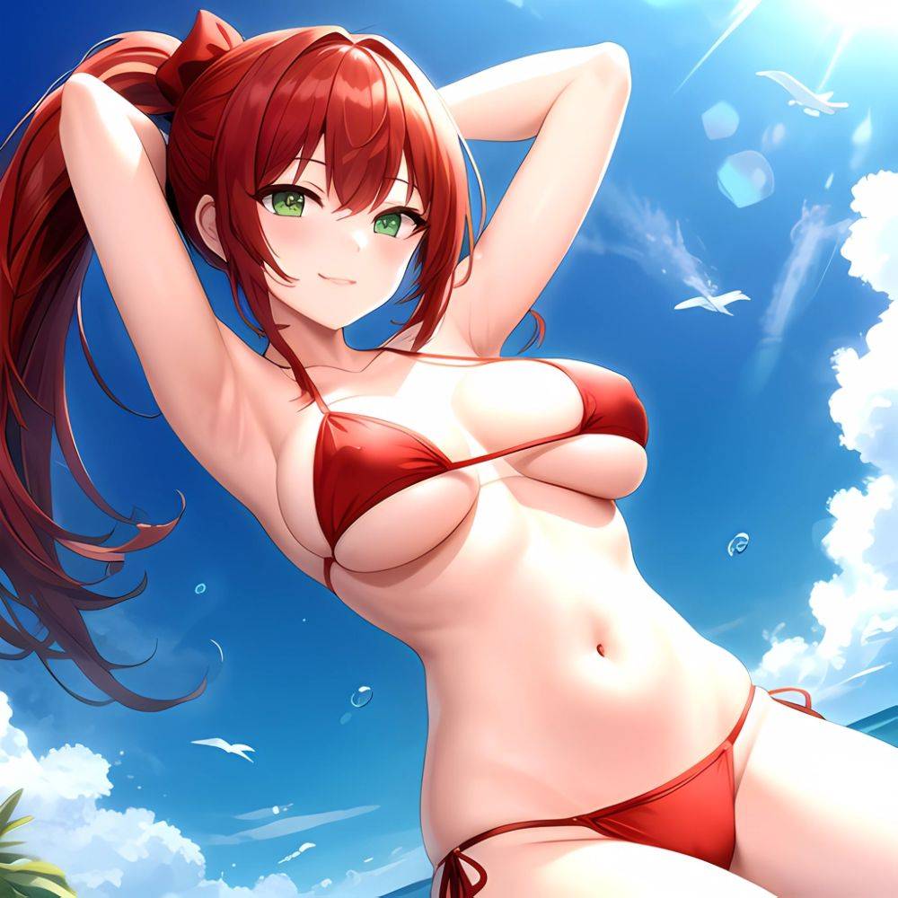 1girl Armpits Arms Behind Head Bikini Breasts Closed Mouth Collarbone Covered Nipples Day Green Eyes Highres Jung Freud Large Br, 2208822993 - AIHentai - #main