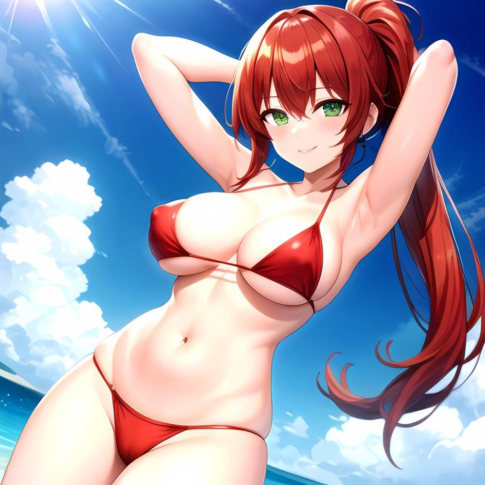 1girl Armpits Arms Behind Head Arms Up Bikini Breasts Closed Mouth Collarbone Covered Nipples Day Green Eyes Highres Jung Freud, 3387383495 - AIHentai - #main