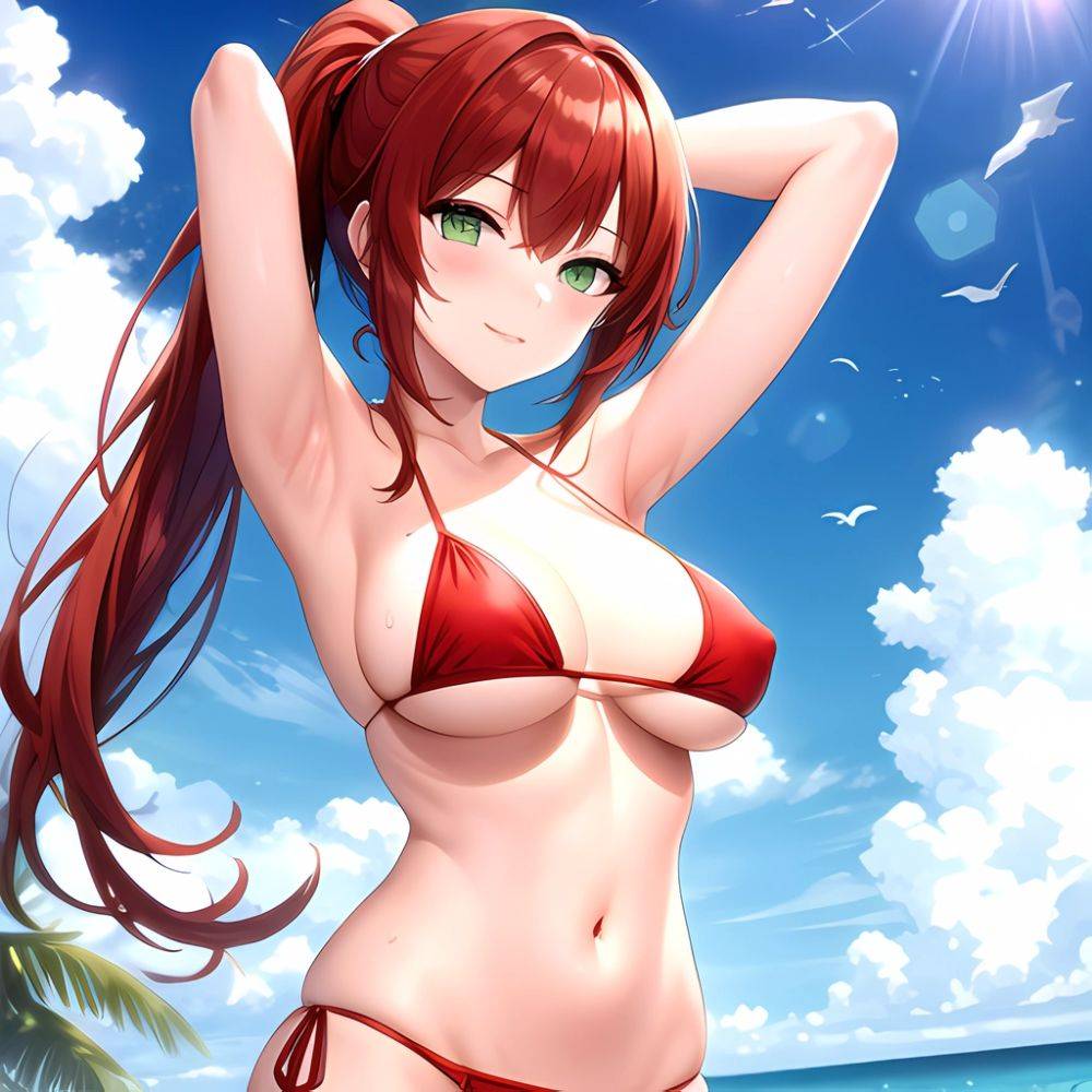 1girl Armpits Arms Behind Head Arms Up Bikini Breasts Closed Mouth Collarbone Covered Nipples Day Green Eyes Highres Jung Freud, 3013280535 - AIHentai - #main