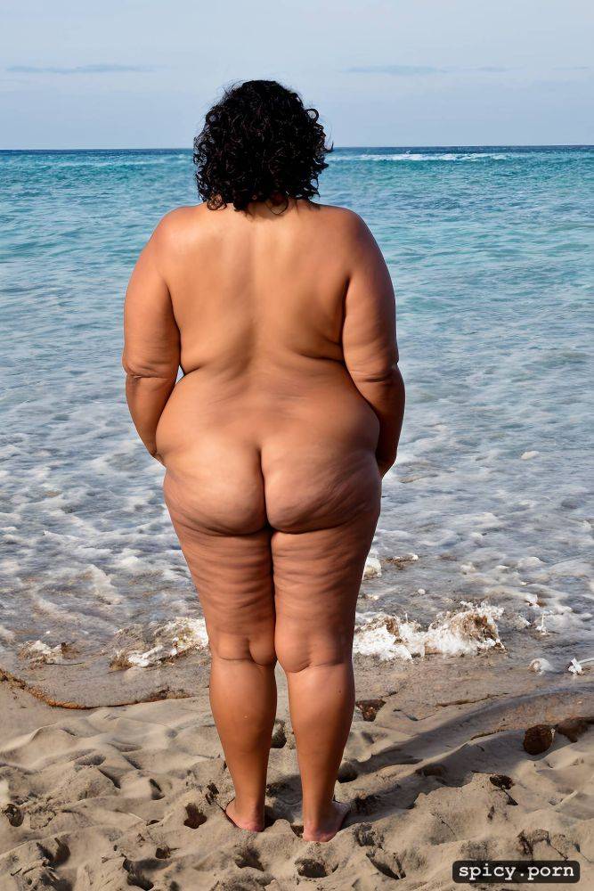 full shot, full body shot, sagging fat belly, an old fat hispanic woman with obese belly - #main