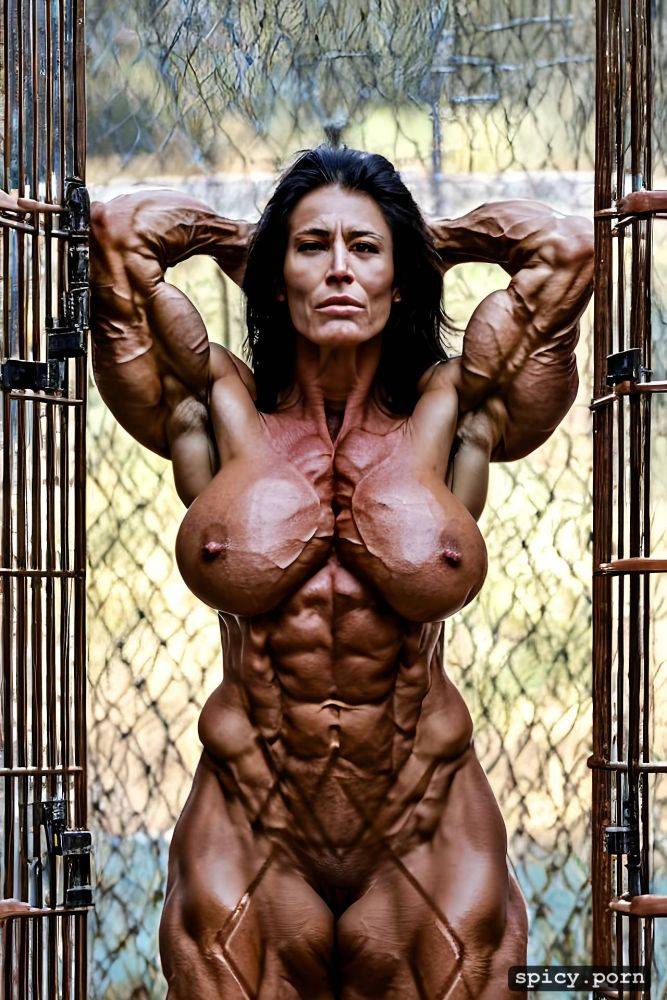 escaping cage, massive abs, freckles, realistic, not to many limbs - #main
