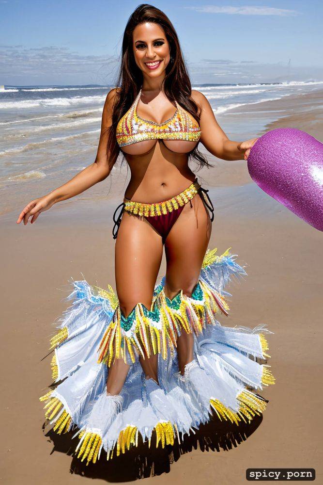 color portrait, long hair, 26 yo beautiful performing white rio carnival dancer at copacabana beach - #main