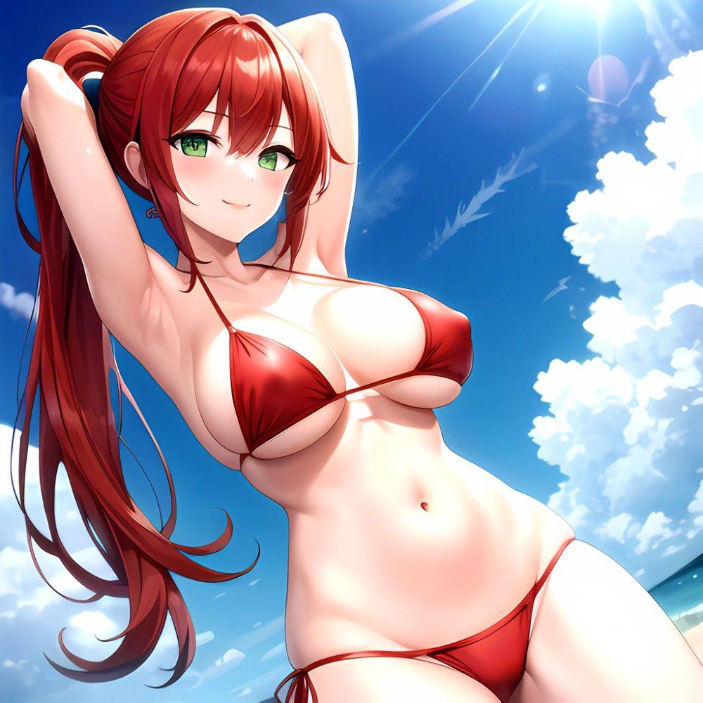 1girl Armpits Arms Behind Head Bikini Breasts Closed Mouth Collarbone Covered Nipples Day Green Eyes Highres Jung Freud Large Br, 4082253851 - AIHentai - #main