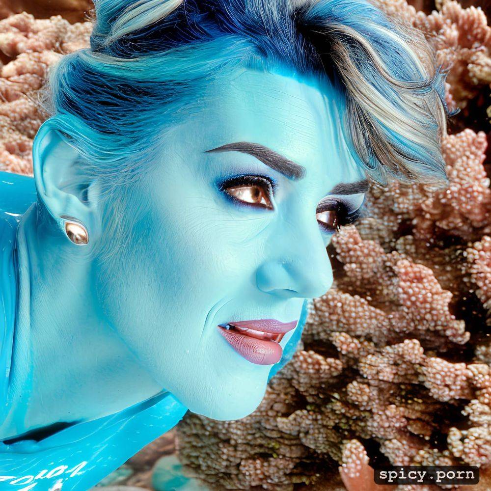 realistic, visible nipple, masterpiece, kate winslet as blue alien from the movie avatar kate winslet swimming underwater near a coral reef wearing tribal top and thong - #main