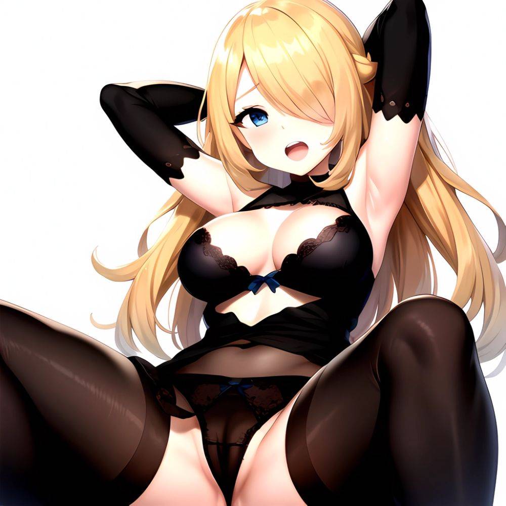 1boy 1girl Armpits Arms Behind Head Arms Up Black Bra Black Panties Blonde Hair Blue Eyes Blush Bra Breasts Clitoris, 1091342643 - AIHentai - #main
