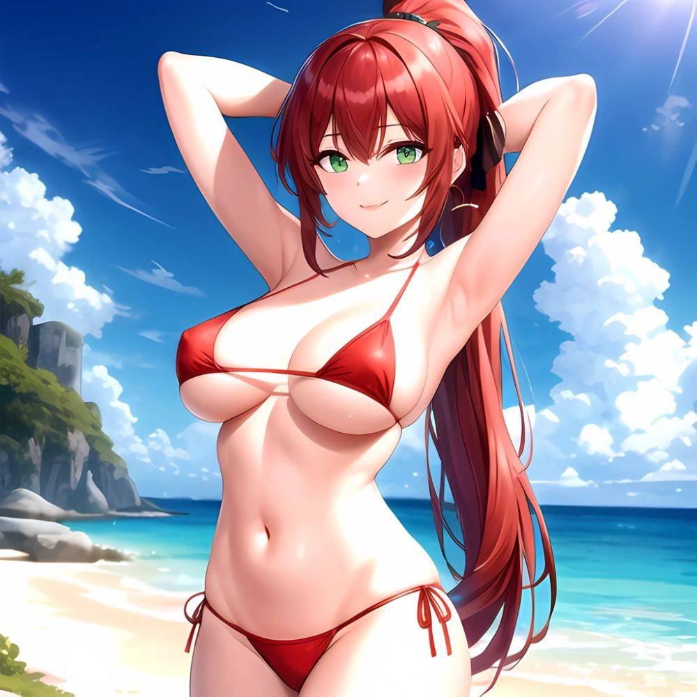 1girl Armpits Arms Behind Head Bikini Breasts Closed Mouth Collarbone Covered Nipples Day Green Eyes Highres Jung Freud Large Br, 3045774306 - AIHentai - #main