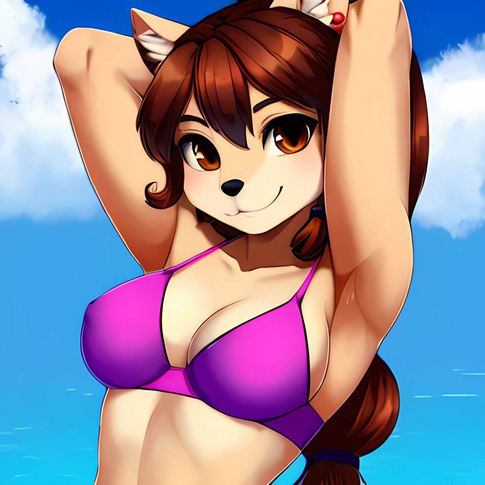 1girl Armpits Arms Behind Head Bikini Brown Eyes Brown Hair Cowboy Shot Dot Nose Flat Chest From Side Hair Ornament, 3980702845 - AIHentai - #main