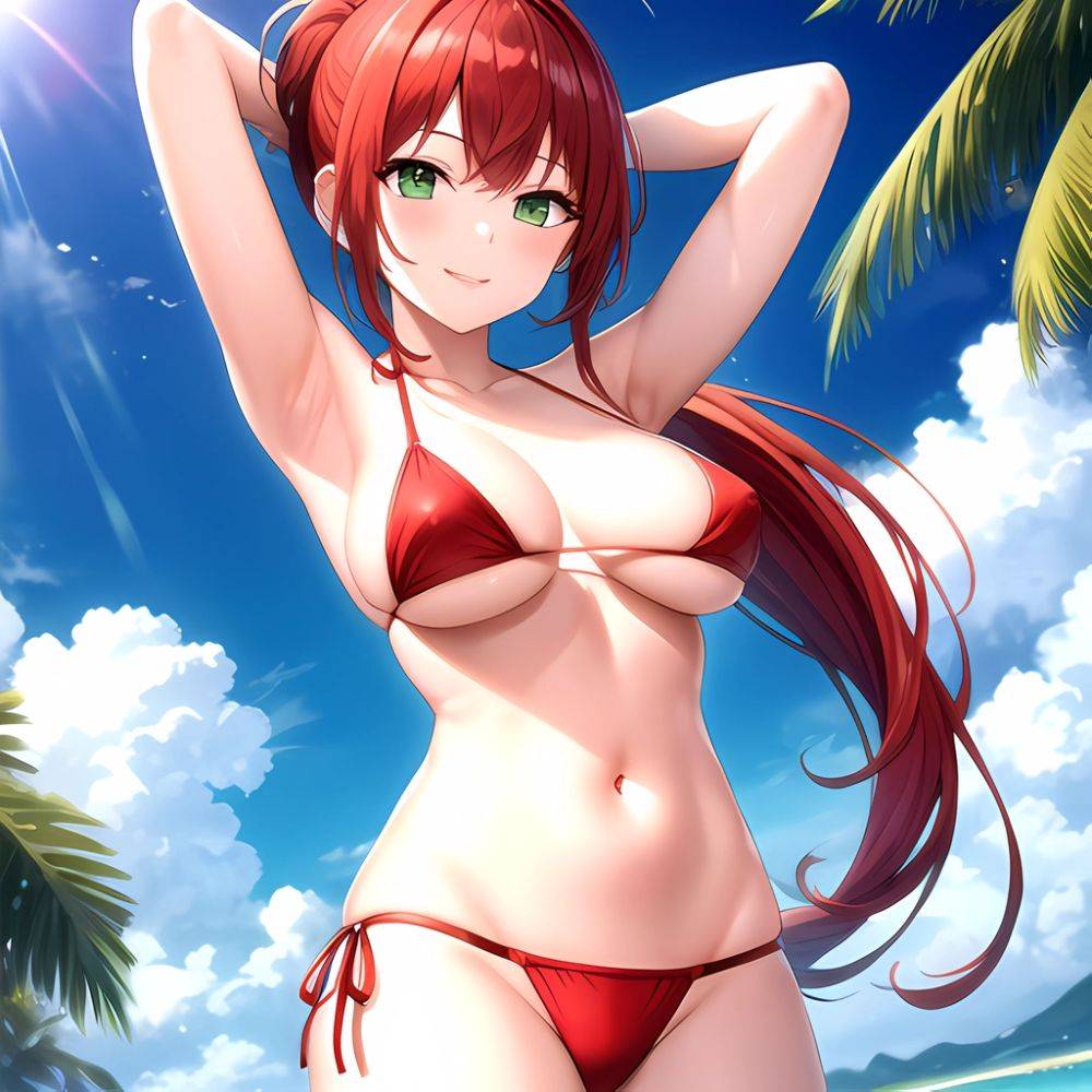 1girl Armpits Arms Behind Head Arms Up Bikini Breasts Closed Mouth Collarbone Covered Nipples Day Green Eyes Highres Jung Freud, 3783754065 - AIHentai - #main