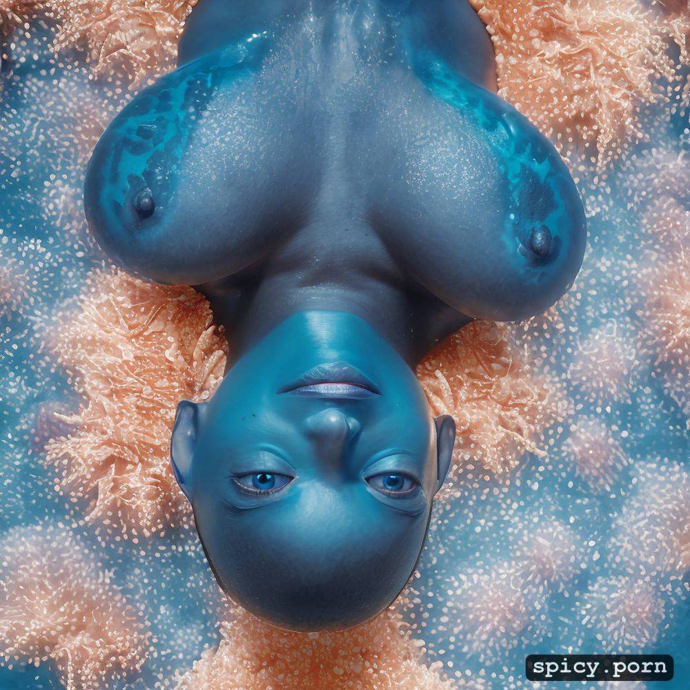 realistic, visible nipple, masterpiece, zoe saldana as blue alien from the movie avatar zoe saldana swimming underwater near a coral reef wearing tribal top and thong - #main