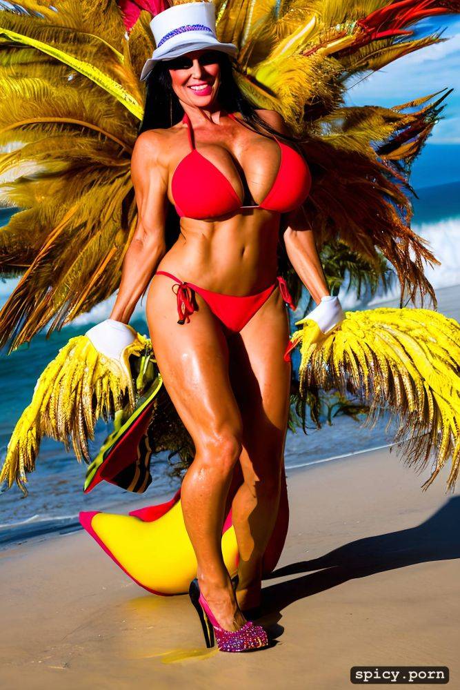 color portrait, long hair, 49 yo beautiful performing white rio carnival dancer at copacabana beach - #main
