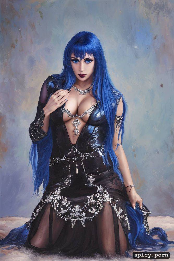 caucasian, 30 years, kneeling, gothic, blue eyes, blue hair - #main