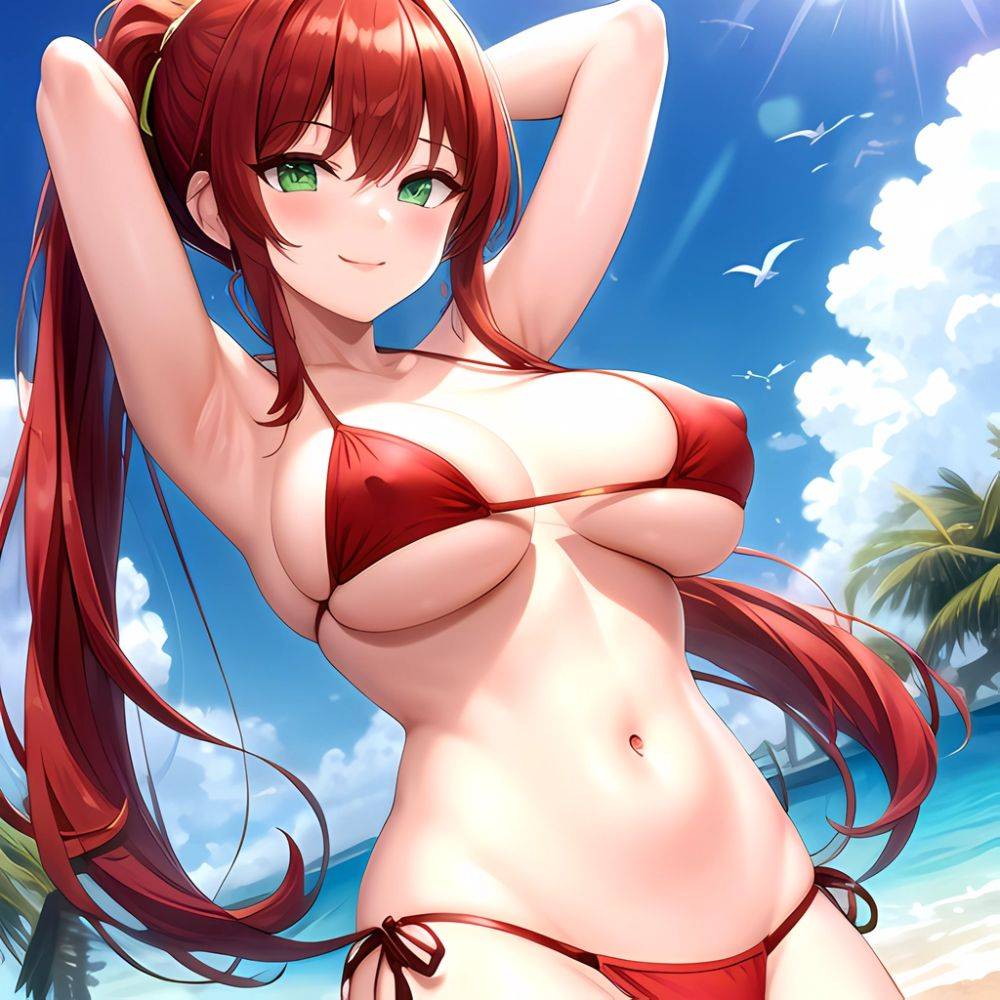 1girl Armpits Arms Behind Head Arms Up Bikini Breasts Closed Mouth Collarbone Covered Nipples Day Green Eyes Highres Jung Freud, 2739037040 - AIHentai - #main