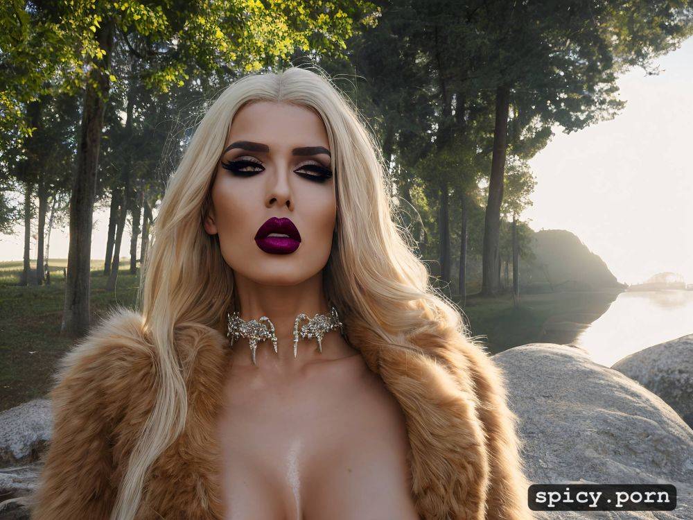 singer, sharp focus, pretty face, large russian fur coat, bling hanging on chains around neck - #main