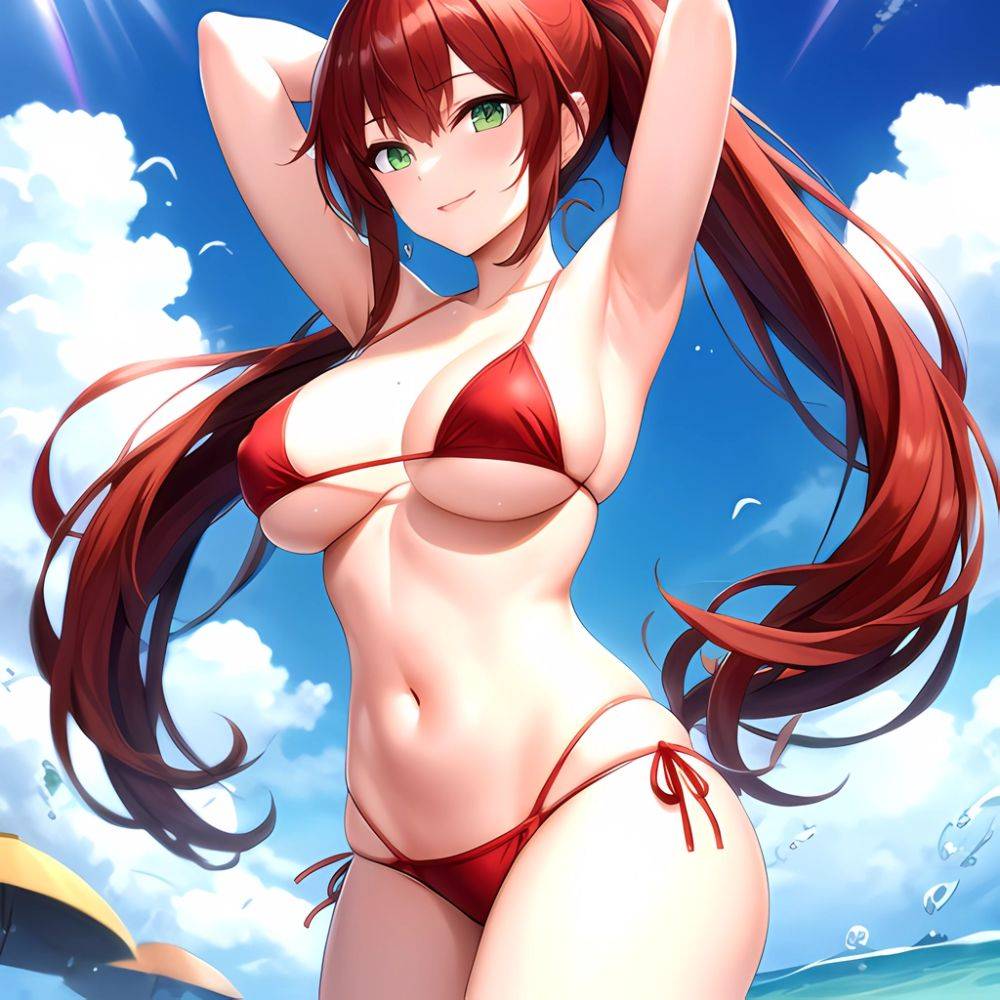 1girl Armpits Arms Behind Head Arms Up Bikini Breasts Closed Mouth Collarbone Covered Nipples Day Green Eyes Highres Jung Freud, 4070734274 - AIHentai - #main