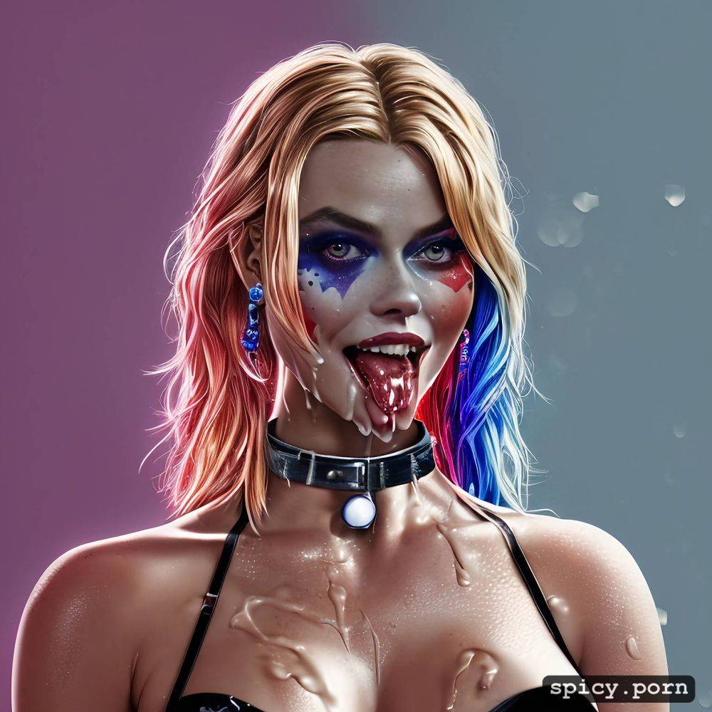 highres, covered in cum, look at camera retrowave colours, cum all over harley quinn margot robbie - #main