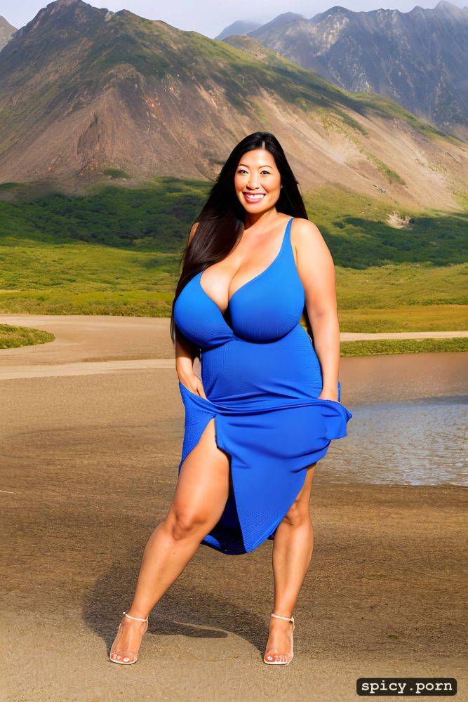 46 yo, standing at a mountain lake beach, thick, anatomically correct - #main