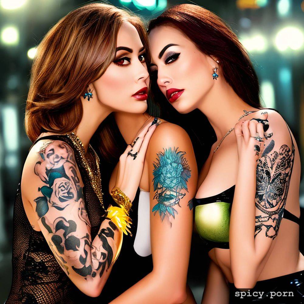 tattoo s on body, medium distance, perfect face, female identical twin sisters - #main