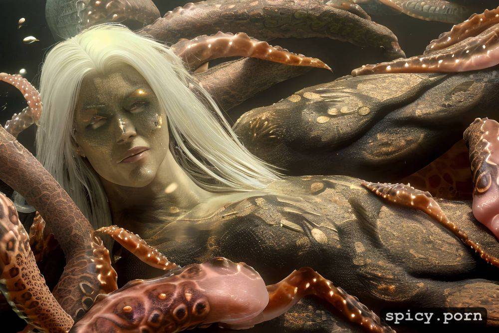 frosty flowing hair, snake skinned legs, no clothes, sun blinks through water surface - #main
