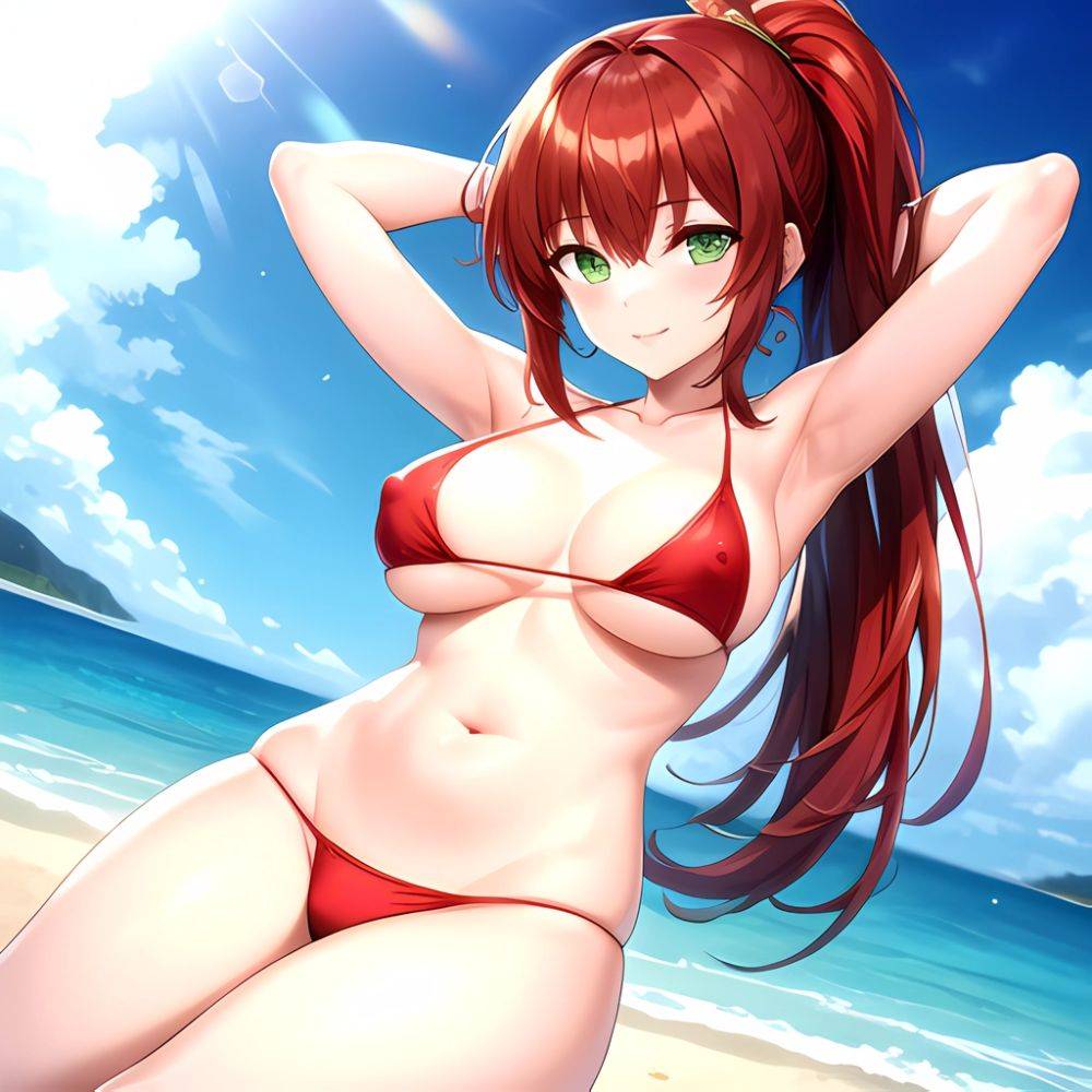 1girl Armpits Arms Behind Head Bikini Breasts Closed Mouth Collarbone Covered Nipples Day Green Eyes Highres Jung Freud Large Br, 49255254 - AIHentai - #main