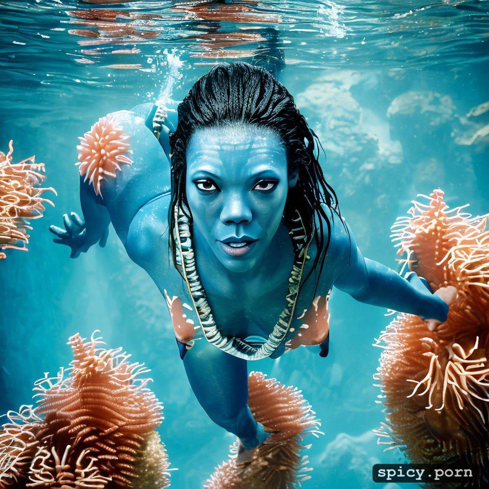 realistic, visible nipple, masterpiece, zoe saldana as blue alien from the movie avatar zoe saldana swimming underwater near a coral reef wearing tribal top and thong - #main