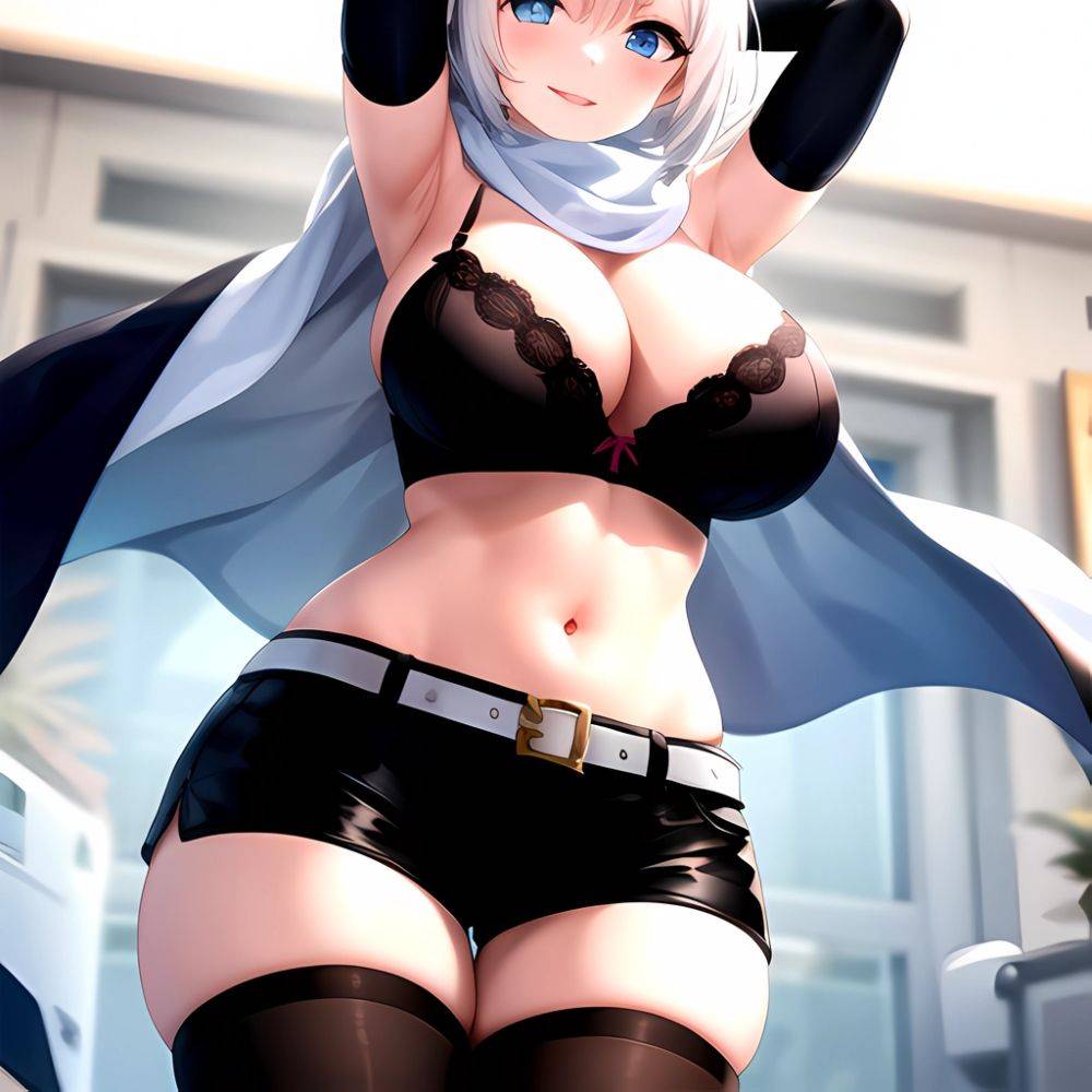 1girl Armpits Arms Behind Head Belt Black Bra Black Gloves Black Pantyhose Blue Eyes Blurry Blurry Background Bra Breasts Curvy, 1971616053 - AIHentai - #main