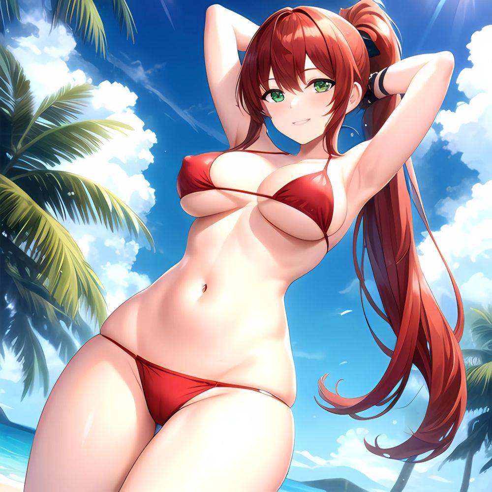 1girl Armpits Arms Behind Head Arms Up Bikini Breasts Closed Mouth Collarbone Covered Nipples Day Green Eyes Highres Jung Freud, 3065271792 - AIHentai - #main