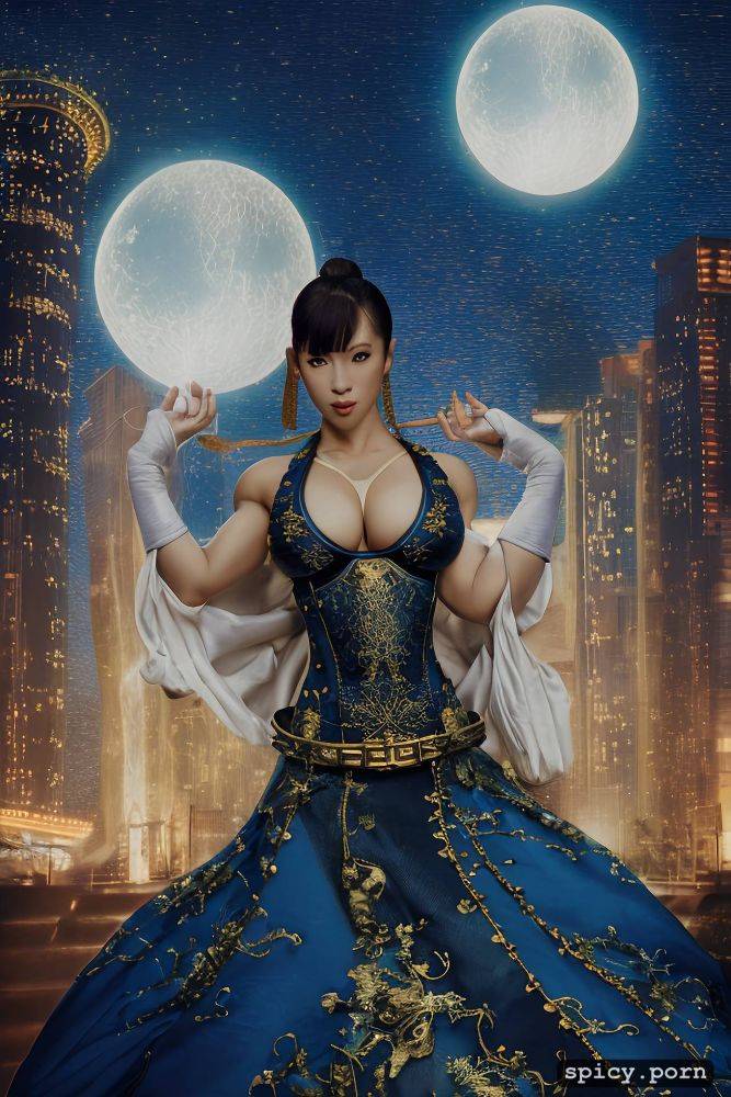 small tits with big hips, long dark blue dress, shaolin kung fu - #main