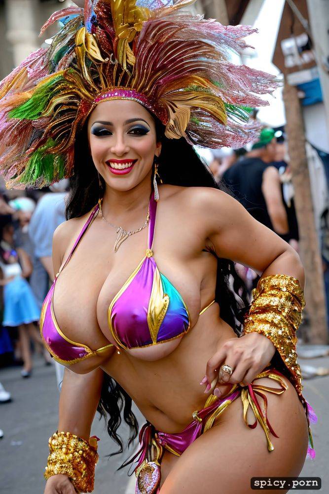 color portrait, huge natural boobs, 31 yo beautiful performing mardi gras street dancer - #main