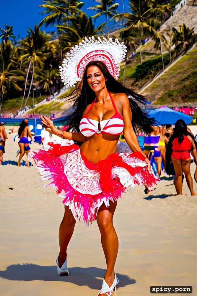 color portrait, long hair, 52 yo beautiful performing white rio carnival dancer at copacabana beach - #main