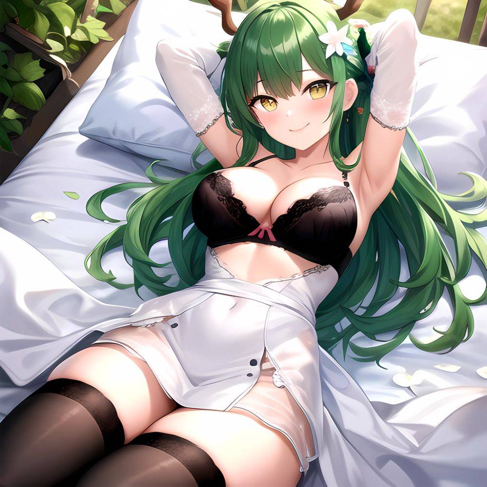 1girl Alternate Costume Antlers Armpits Arms Behind Head Bed Sheet Black Bra Black Thighhighs Bra Branch Breasts Ceres Fauna Cle, 241227616 - AIHentai - #main