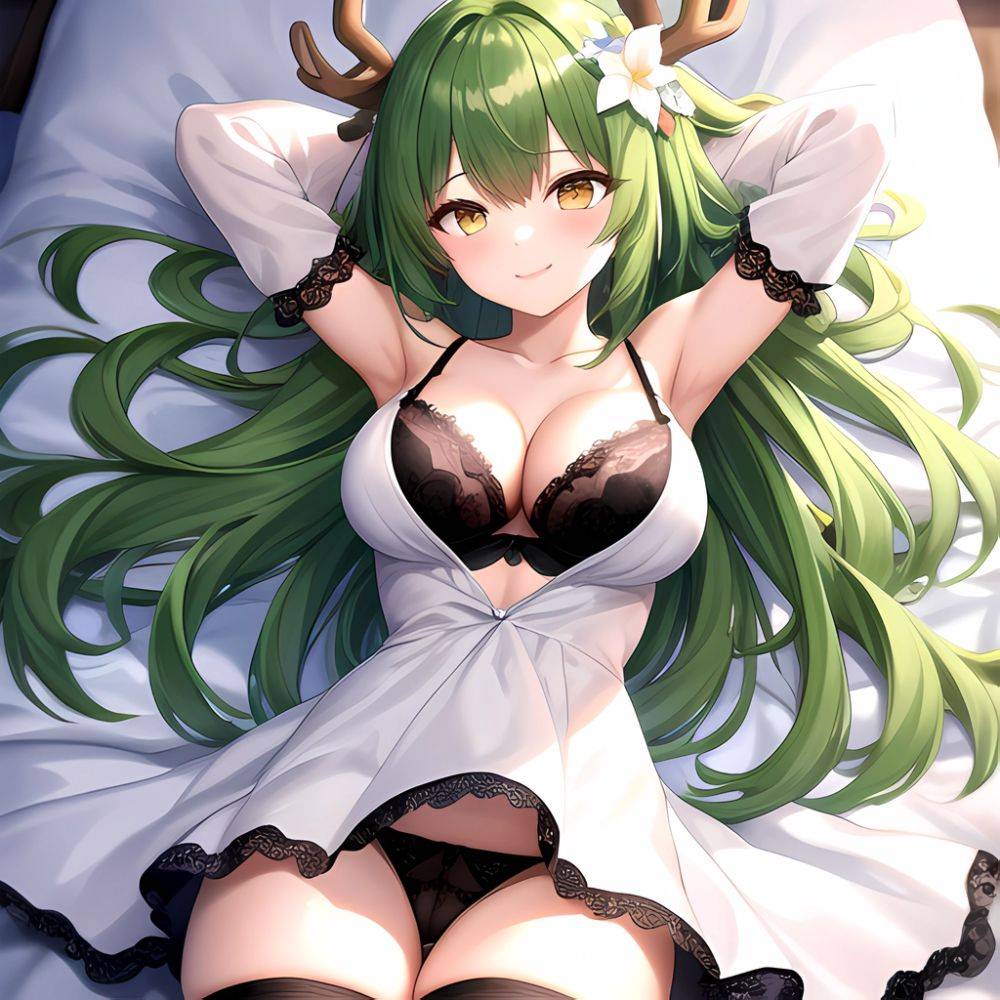 1girl Alternate Costume Antlers Armpits Arms Behind Head Bed Sheet Black Bra Black Thighhighs Bra Branch Breasts Ceres Fauna Cle, 56526187 - AIHentai - #main