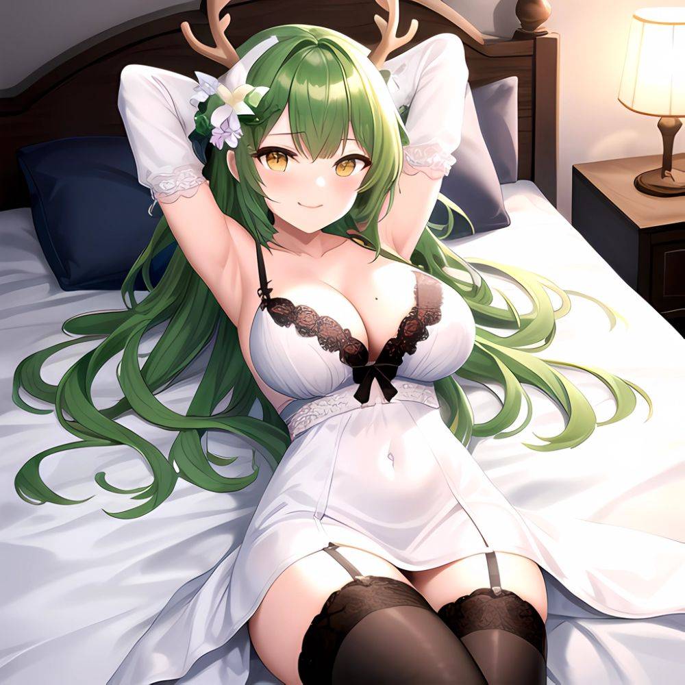 1girl Alternate Costume Antlers Armpits Arms Behind Head Bed Sheet Black Bra Black Thighhighs Bra Branch Breasts Ceres Fauna Cle, 288975192 - AIHentai - #main