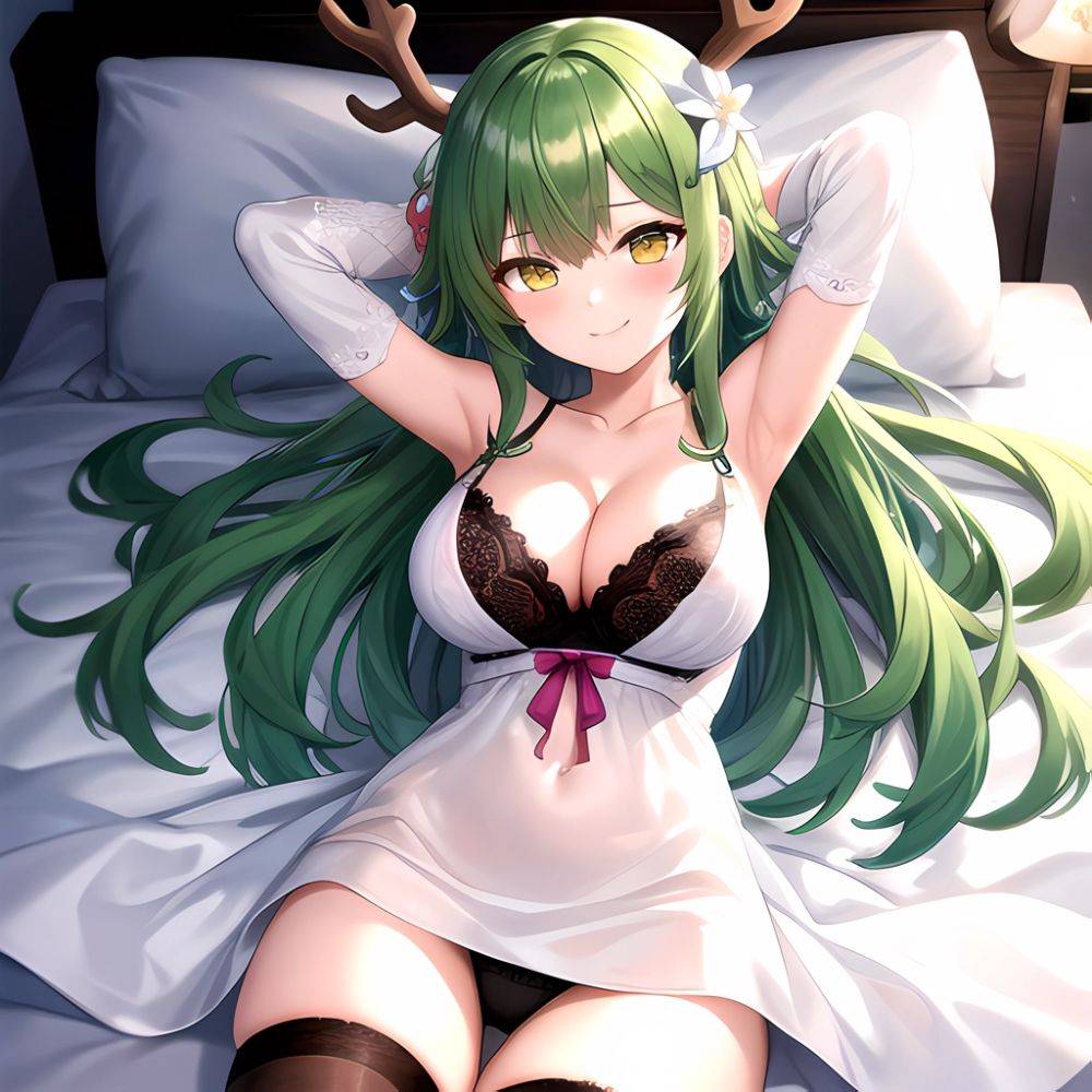 1girl Alternate Costume Antlers Armpits Arms Behind Head Bed Sheet Black Bra Black Thighhighs Bra Branch Breasts Ceres Fauna Cle, 26568884 - AIHentai - #main