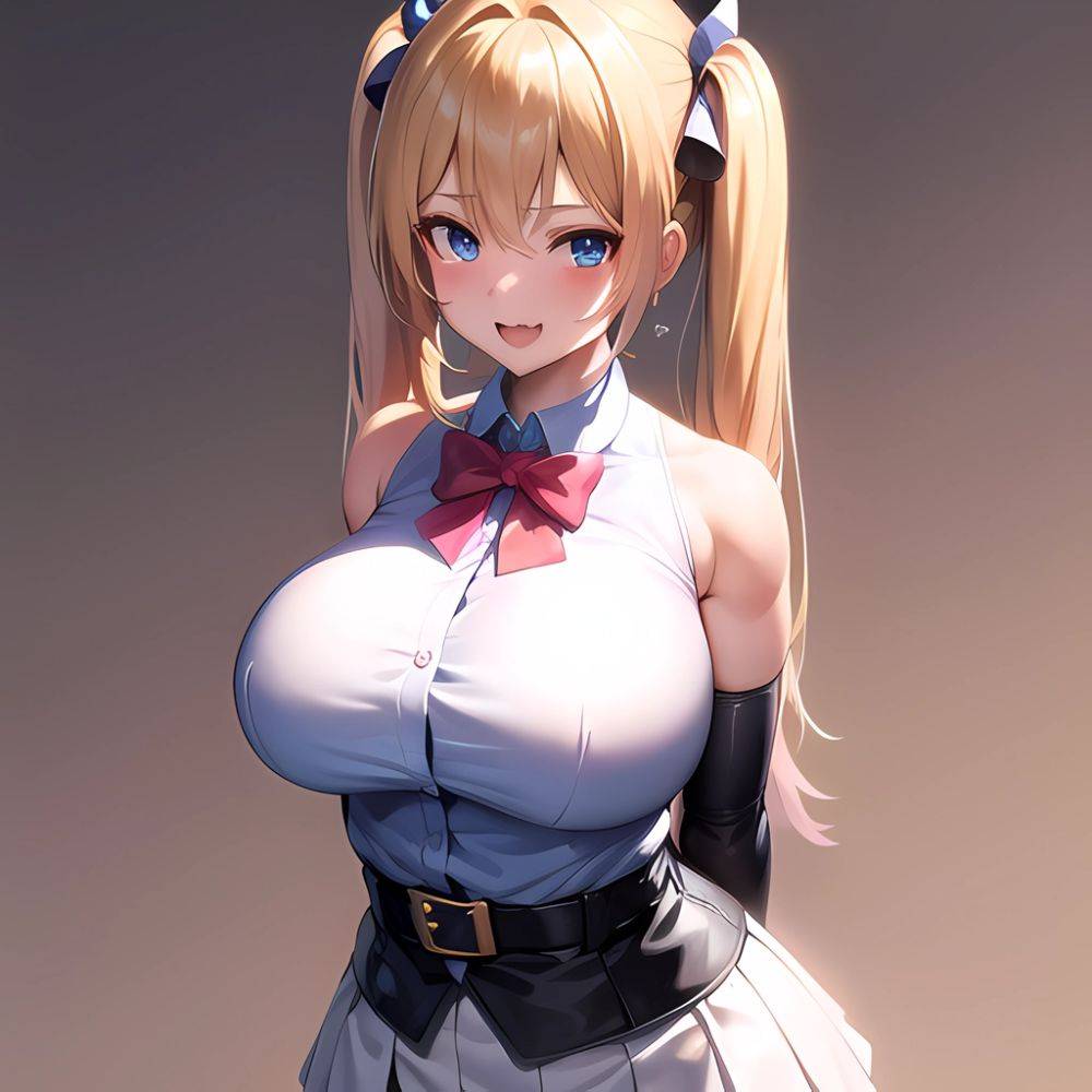 1girl Aymusk Belt White Skirt Blonde Hair Blue Eyes Blush Bow Bowtie Breasts Curvy Elbow Gloves Fang Gloves Gradient Background, 1523444037 - AIHentai - #main