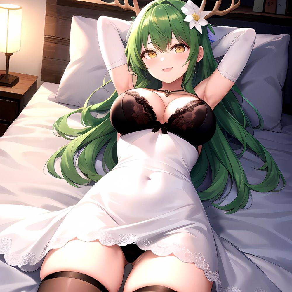 1girl Alternate Costume Antlers Armpits Arms Behind Head Bed Sheet Black Bra Black Thighhighs Bra Branch Breasts Ceres Fauna Cle, 3824615990 - AIHentai - #main