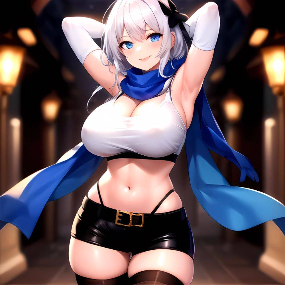 1girl Armpits Arms Behind Head Belt Black Bra Black Gloves Black Pantyhose Blue Eyes Blurry Blurry Background Bra Breasts Curvy, 3656863577 - AIHentai - #main