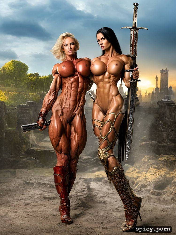 cry, strength effort, realistic, scar, war, furious, nude muscle woman protecting a little woman - #main